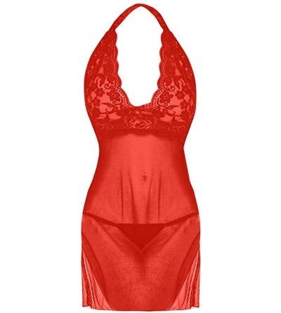 Bras Women Sling Lace Lingerie Pajamas Sexy Halter Nightdress Underwear Set - Red - CB196H2HH22 $7.59