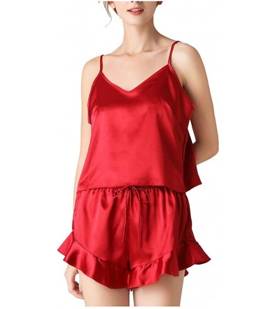 Baby Dolls & Chemises Silk Pajamas for Women Round V-Neck Lace Drawstring Sleeveless Tank Tops - Zy-red - C0197M4M6I2 $19.03
