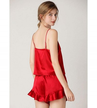 Baby Dolls & Chemises Silk Pajamas for Women Round V-Neck Lace Drawstring Sleeveless Tank Tops - Zy-red - C0197M4M6I2 $19.03