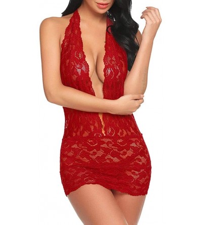 Baby Dolls & Chemises Halter Neck Backless Plunge Lace Babydoll for Women - Red - C31955X2RI9 $20.74