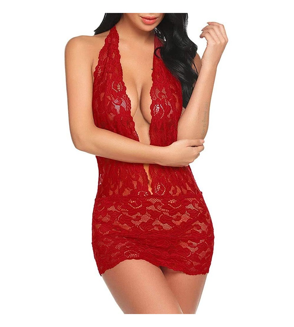 Baby Dolls & Chemises Halter Neck Backless Plunge Lace Babydoll for Women - Red - C31955X2RI9 $10.78