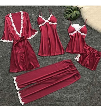 Baby Dolls & Chemises Women Sexy Lace Lingerie Nightwear Underwear Babydoll Sleepwear Dress 5PC Suit - Wine - CY18NUH5MTW $19.39
