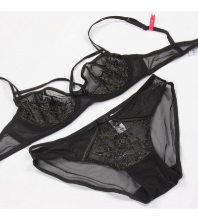 Bras Girls Sheer Eyelash Lace and Mesh Panel Underwire Bra and Panty Set - Black - C4184S0DXWC $22.62