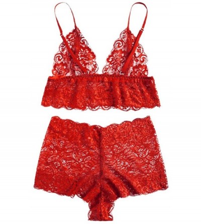 Bustiers & Corsets Women Plus Size Eyelash Lace Babydoll Sexy Bra Lingerie Set - Red - C618NQ6GKO9 $20.02