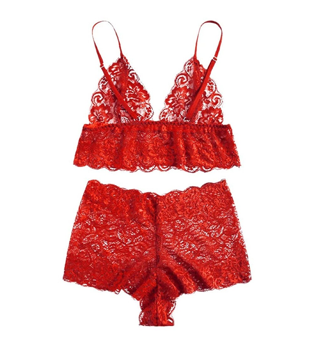 Bustiers & Corsets Women Plus Size Eyelash Lace Babydoll Sexy Bra Lingerie Set - Red - C618NQ6GKO9 $12.64