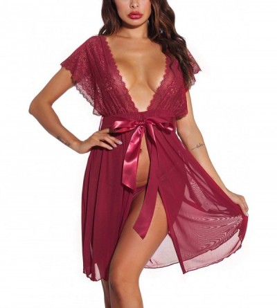 Baby Dolls & Chemises Women Sexy Lingerie Lace Babydoll Deep V Nightwear Robe Mesh Sheer Chemises - Wine Red - C9196H6ILYE $2...
