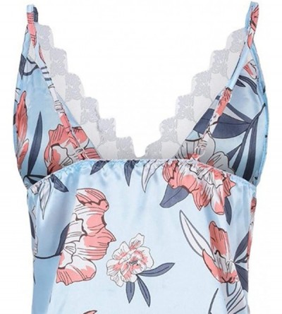 Baby Dolls & Chemises Women Satin Flower Printint Silk Lingerie Bow Lace Pajamas Sleepwear Nightdress - Blue - CA18XUWD3RA $1...