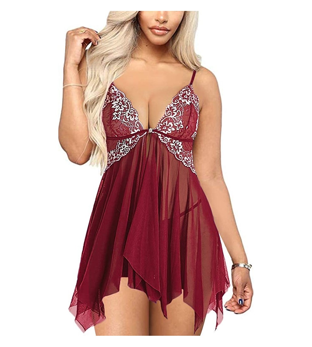 Baby Dolls & Chemises Womens Lingerie Front Closure Lace Babydoll Chemise V Neck Open Front Mesh Sleepwear - Wine Red - C618X...