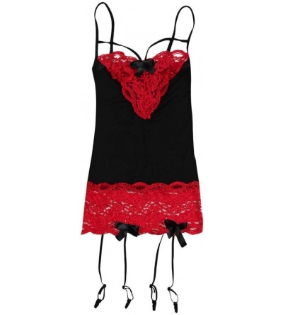 Baby Dolls & Chemises Women Lingerie Bandage Nightwear Mesh Sleepwear Lace Chemise Mini Teddy - Red - CS18CR0NOE3 $12.27