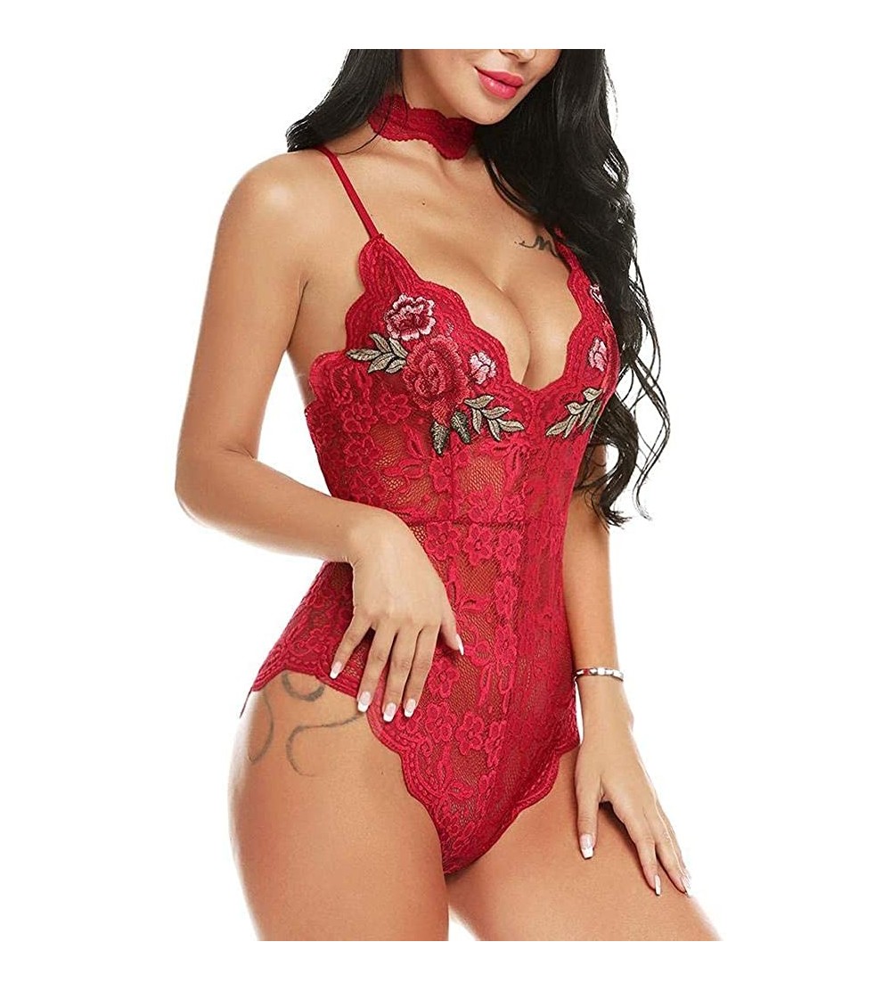 Baby Dolls & Chemises Women Lingerie One Piece Corset Embroidered Lace Sleepwear Teddy Babydoll - Red - C119DWG7YRZ $9.64
