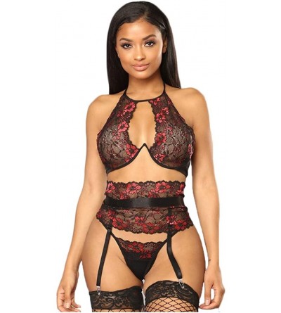 Baby Dolls & Chemises Lingerie Bodysuit for Women-Deep V Lace Mosaic Lace Teddy Mesh Skirt-with G-Strings-High Stockings-Unde...