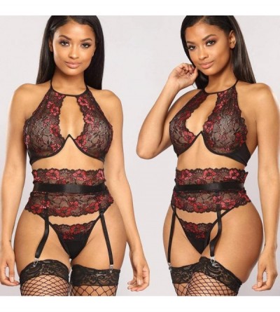 Baby Dolls & Chemises Lingerie Bodysuit for Women-Deep V Lace Mosaic Lace Teddy Mesh Skirt-with G-Strings-High Stockings-Unde...