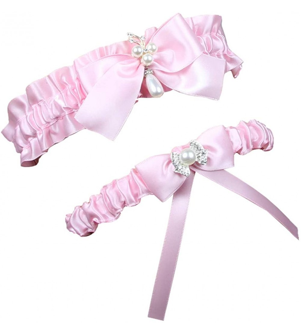 Garters & Garter Belts Wedding Garters for Bride Belt Series Pearls Ribbon Bridal Garters Set Free Size(15-23 inch) - Pink - ...
