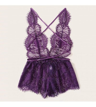 Garters & Garter Belts Women Sexy Lace Deep V-Neck Jumpsuit Lingerie Cross Romper Backless Bodysuit - Purple - CA18ZW56W43 $2...