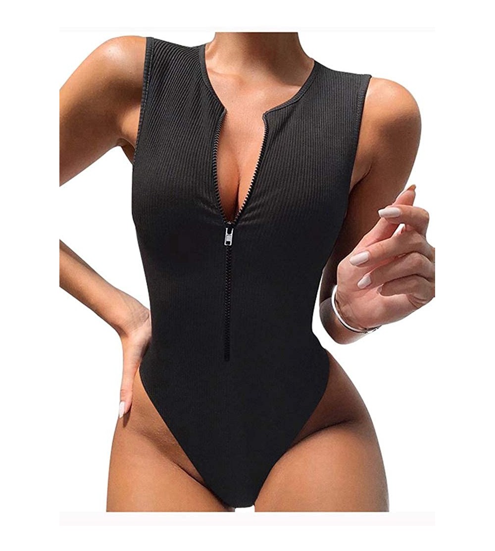 Shapewear Women's Sexy Ribbed Zipper Front Basic Bodycon Stretch Sleeveless Bodysuit - Black - CC18YONH8T3 $14.80