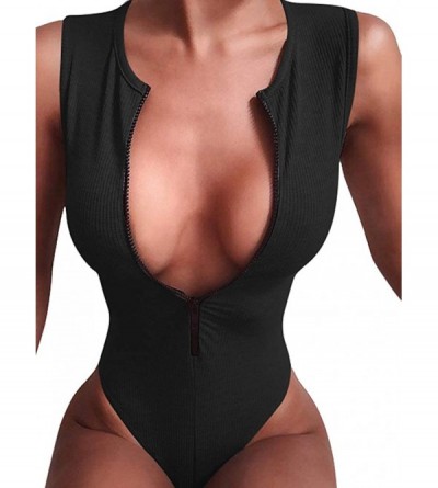 Shapewear Women's Sexy Ribbed Zipper Front Basic Bodycon Stretch Sleeveless Bodysuit - Black - CC18YONH8T3 $14.80