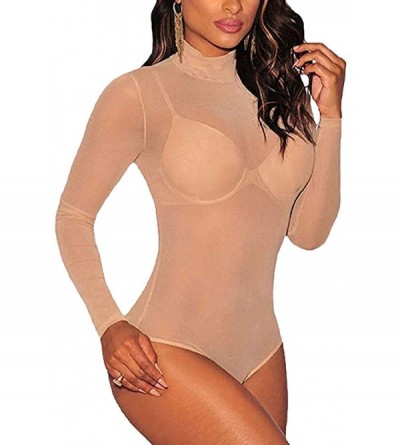 Shapewear Women's Long Sleeve Bodysuit Sheer Mesh Sexy Leotard Bodysuit Body Tops - 22-nude - CO195WHO09A $16.29