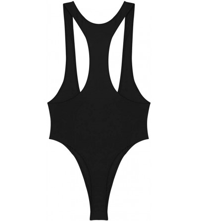 Shapewear Women's Sexy One Piece Sleeveless Open Bust High Cut Thong Leopard Bodysuit Swimsuit - Black - C418KHLNDQ7 $12.05