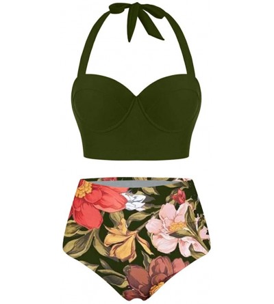 Bras Women Floral Print Tankini High Waist Crop Tops+Shorts Two Piece Swimwear Halter Bathing Suit Monokini - Green - CS196EU...
