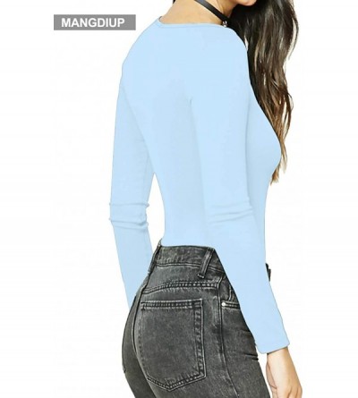 Shapewear Women's Round Collar Long Sleeve Elastic Bodysuit Jumpsuit - Light Blue - CI18SK4Q024 $17.56