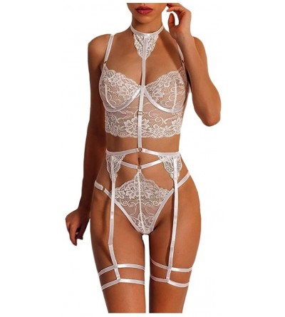 Baby Dolls & Chemises Lace Corset Lingerie Set for Women Lace-up Bodysuits with Garter Straps - White - CE1942NHO0L $27.22