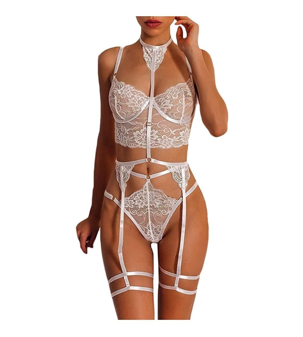 Baby Dolls & Chemises Lace Corset Lingerie Set for Women Lace-up Bodysuits with Garter Straps - White - CE1942NHO0L $14.94