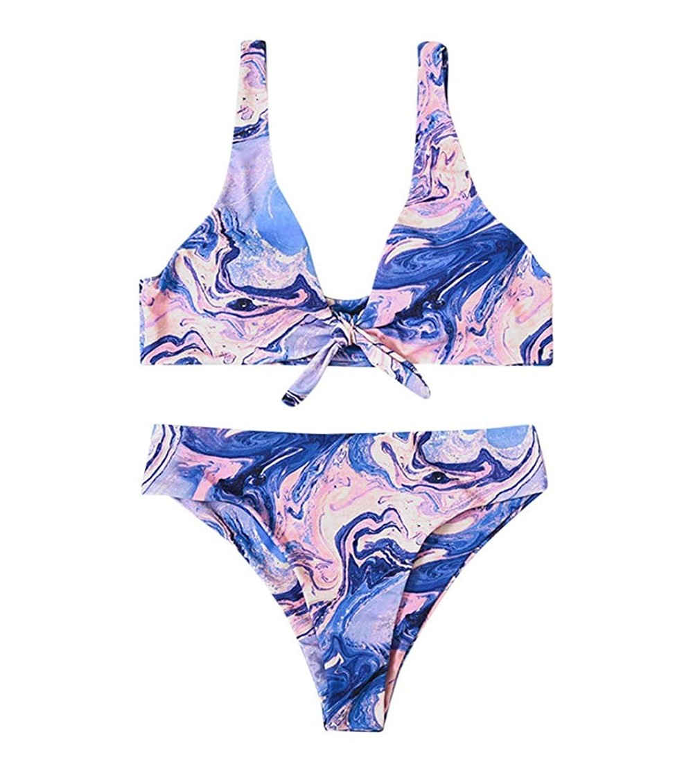 Slips Womens Knot Swimsuit Bikini Set Plus Size Printed Two-Piece Swimwear with Chest Pad - Blue - CQ194LMOQL8 $12.55