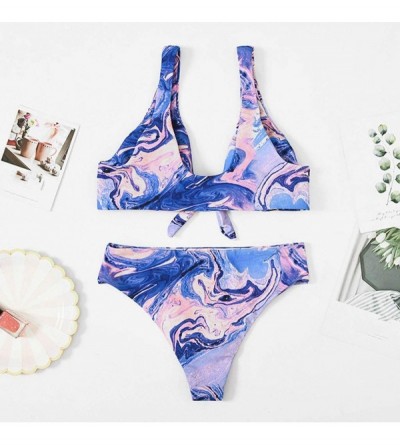 Slips Womens Knot Swimsuit Bikini Set Plus Size Printed Two-Piece Swimwear with Chest Pad - Blue - CQ194LMOQL8 $12.55