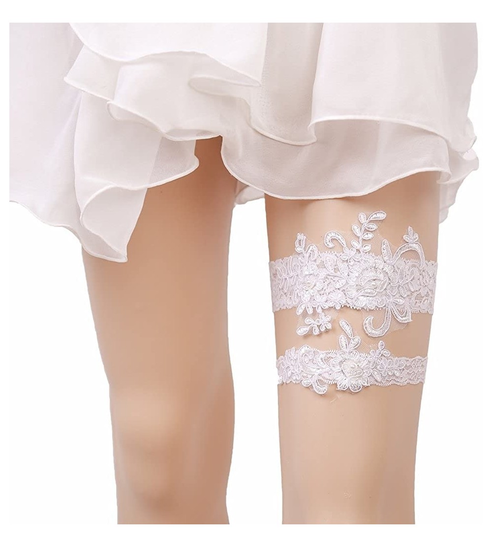 Garters & Garter Belts 2PC Wedding Bridal Lace Garter Set Keepsake Toss Tradition Vintage - 2-Pure Pearls Lace Bloom - CZ1864...