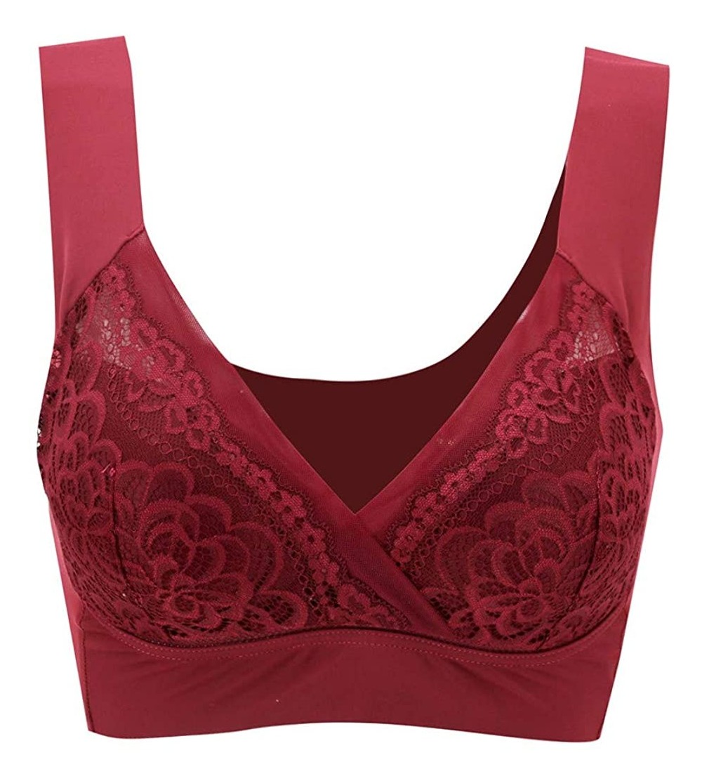 Slips Sexy Underwear- Women's Sexy Air Permeable Extra Support Wirefree Lace Bra - Red - C518Y067KED $14.20