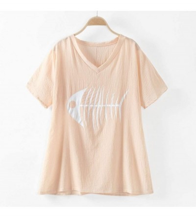 Slips Women Summer Blouse Plus Size Shirt Fish Bone Print Tops V Neck Tunic Short Sleeve Tees Casual T Shirt - Beige - CR18T3...