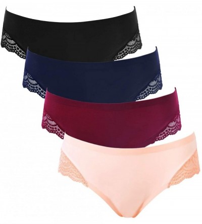 Panties Women 4 Pack Lace Bikini Panties Smooth Nylon Hipster Underwear Briefs - Lace-trim Hipster - CB18OOWNO7R $14.25