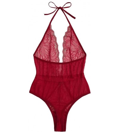 Baby Dolls & Chemises Women's Exotic Bodysuits Women's Deep V Plunging Teddy Lingerie Halter Lace Babydoll Bodysuit - Red - C...