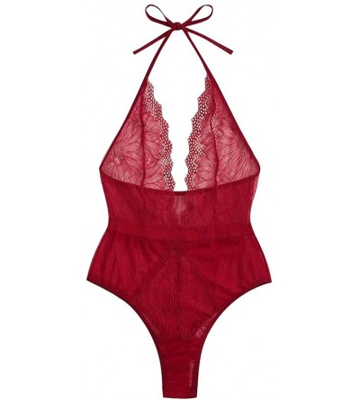 Baby Dolls & Chemises Women's Exotic Bodysuits Women's Deep V Plunging Teddy Lingerie Halter Lace Babydoll Bodysuit - Red - C...