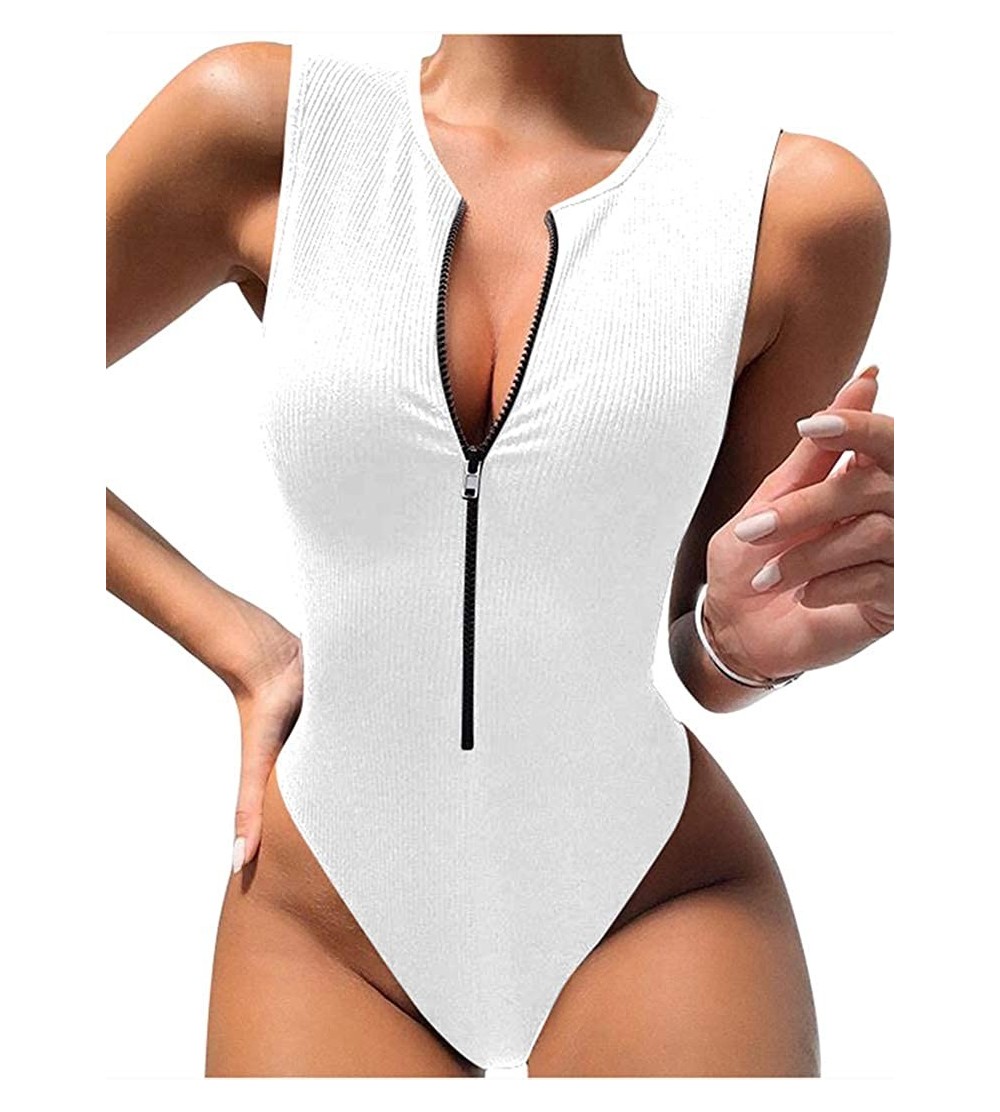 Shapewear Women's Sexy Ribbed Zipper Front Basic Bodycon Stretch Sleeveless Bodysuit - White - CA18YOQS55Q $13.08
