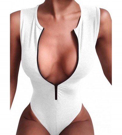Shapewear Women's Sexy Ribbed Zipper Front Basic Bodycon Stretch Sleeveless Bodysuit - White - CA18YOQS55Q $13.08