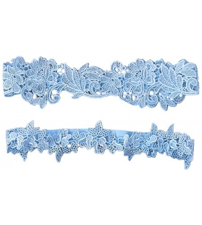 Garters & Garter Belts Handmade Rhinstone Lace Wedding Garters for Bride Flower Prom Garter Set - Light Blue - CE18YDQQ9YS $2...