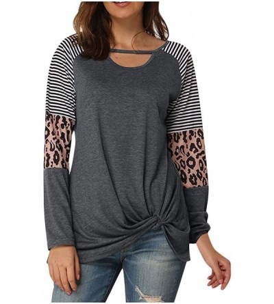 Slips Women's Stripe Print Tops Long Sleeve Chest Cutout Tunics Blouse Scoop Neck Casual Loose T-Shirt - Gray - CS195GZ6A90 $...