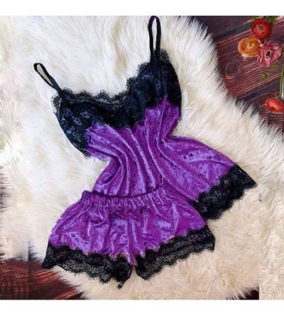 Garters & Garter Belts New Women Sexy Lingerie Camisole Bow Shorts V-Neck Tops Velvet Pajamas Sleepwear - Purple - CC194KDM8R...