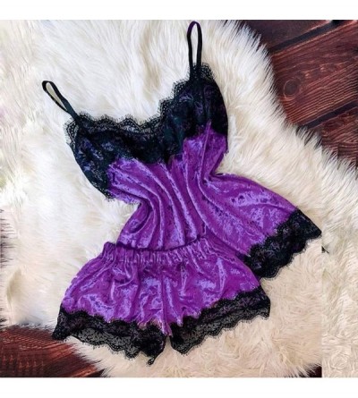 Garters & Garter Belts New Women Sexy Lingerie Camisole Bow Shorts V-Neck Tops Velvet Pajamas Sleepwear - Purple - CC194KDM8R...
