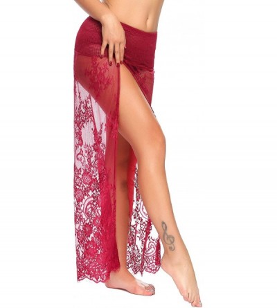 Slips Womens Full Slip Beach Wear Cover up Swimwear Bikini Lace Floral Long Maxi Beach Dress - Dark Red - CH1869662MD $16.89