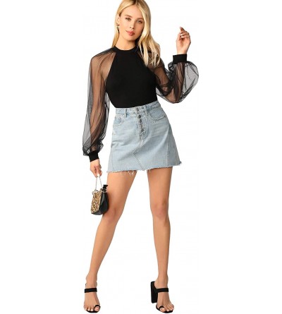 Shapewear Women's Fashion Contrast Mesh Long Sleeve Round Neck Skinny Bodysuit - Black-4 - CQ18S2HAE76 $19.80