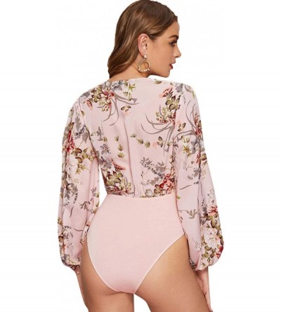 Shapewear Women's Long Sleeve Wrap V-Neck Leotard Jumpsuit Bodysuit - Floral Pink-1 - C718A44TARK $23.65