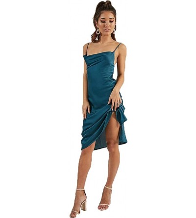 Camisoles & Tanks Women's Long Silky Tank Top Adjustable Spaghetti Strap Camisole Slip Dress - Style A Shell Neck-blue - CR19...