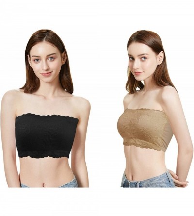 Camisoles & Tanks Women Strapless Basic Solid Casual Seamless Stretchy Cute Sexy Tube Top BraS-3XL - 2 Pk-lace-black+beige - ...