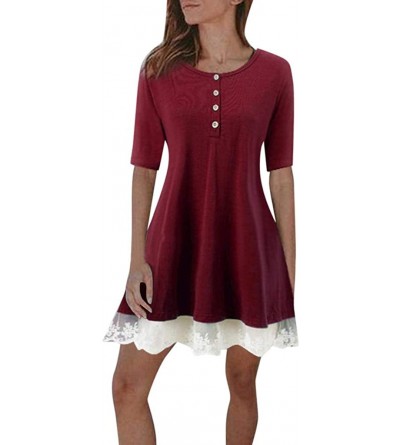 Slips Fashion Women O Neck Button Long Sleeve Irregular Dress Lace Stitching Short-Sleeved Solid Color Hem Swing Dress - Red ...