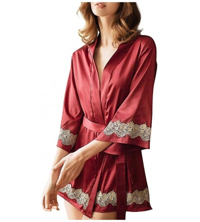 Accessories Satin Silk Robe Women Lace Embroidered Lingerie Underwear Sleepwear Wedding Dress Gown - Wine - CY197D9K7CY $14.08