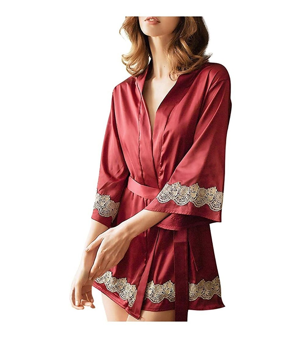 Accessories Satin Silk Robe Women Lace Embroidered Lingerie Underwear Sleepwear Wedding Dress Gown - Wine - CY197D9K7CY $14.08
