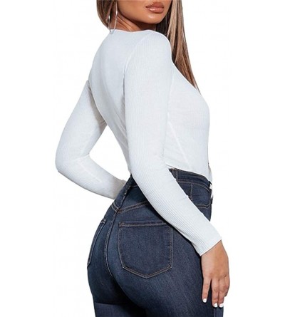 Shapewear Women's Sexy Deep V Button Down Long Sleeve Bodycon Ribbed Bodysuit Tops Leotard - White - CN18AMOMZI2 $15.13