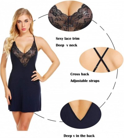 Slips Women Full Slips Modal Chemise V Neck Nightgown Strap Nightwear - Navy Blue - CX18R2Y4522 $40.20